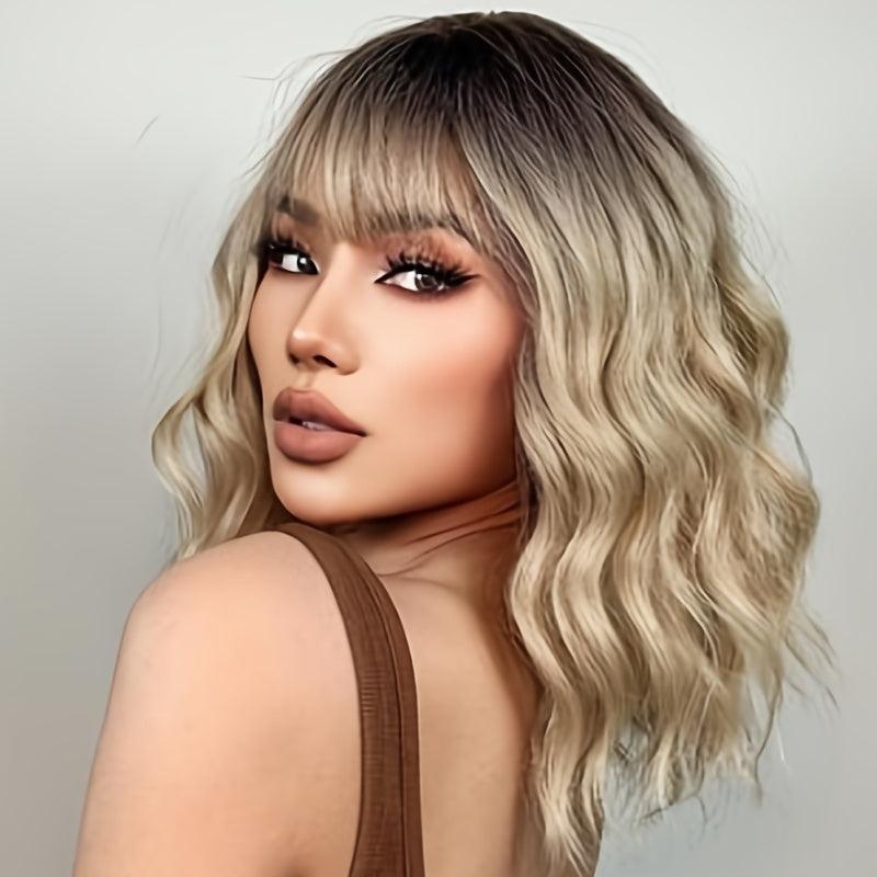 Blonde Ombre Wavy Bob Wig Bangs Women's Synthetic Curly Pastel Bob Wig