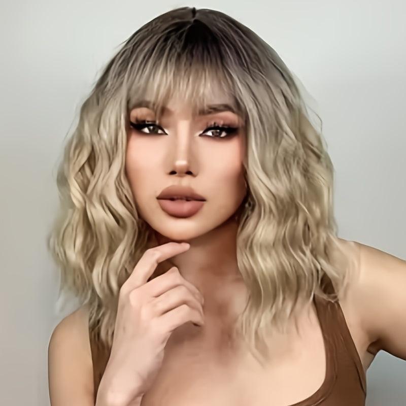 Blonde Ombre Wavy Bob Wig Bangs Women's Synthetic Curly Pastel Bob Wig
