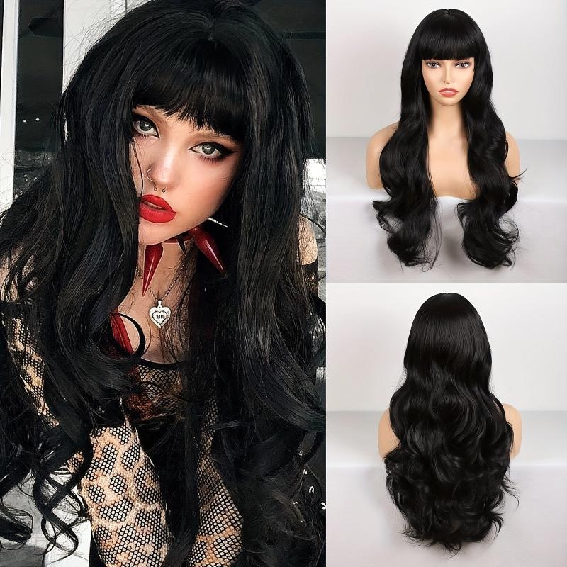 60 96 Cm Long Curly Wavy Hair Wig With Bangs Natural Looking Synthetic Hair Wig