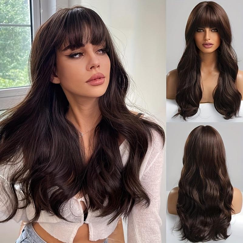 60 96 Cm Long Curly Wavy Hair Wig With Bangs Natural Looking Synthetic Hair Wig