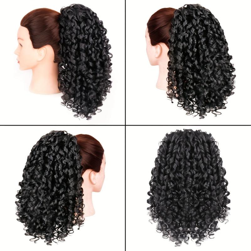 Short Curly Wavy Ponytail Extensions Clips Drawstring Synthetic Fiber Daily Wear