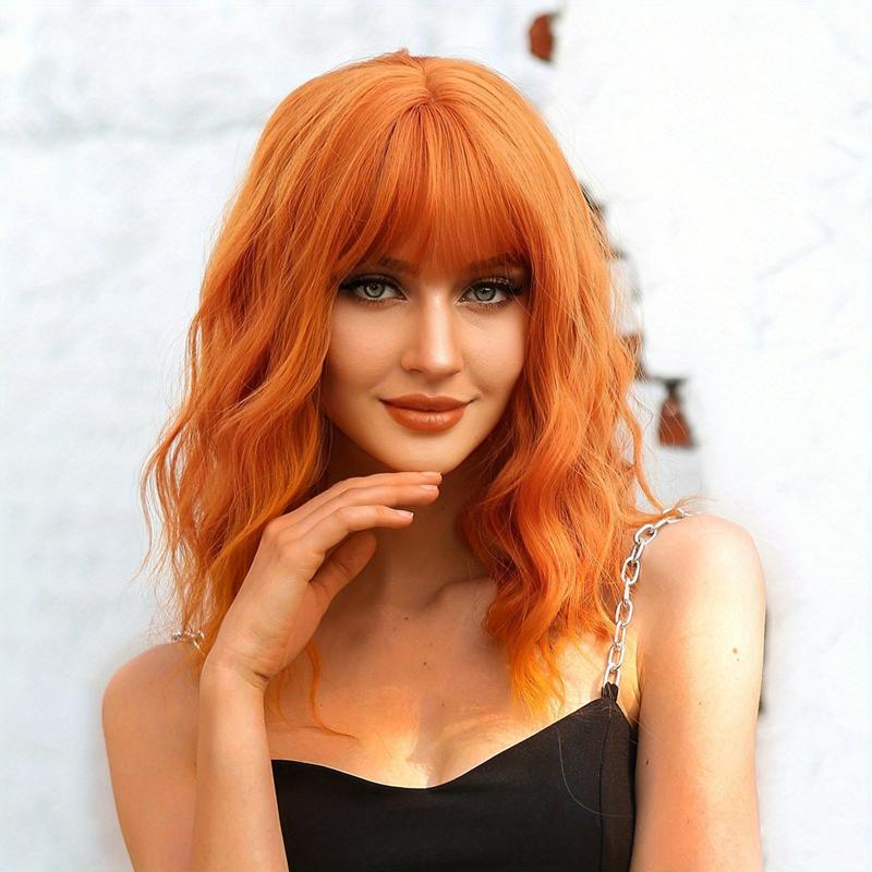 Medium Long Curly Wigs With Bangs 14 Inch Soft Synthetic Wigs