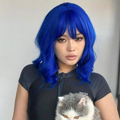 Medium Long Curly Wigs With Bangs 14 Inch Soft Synthetic Wigs