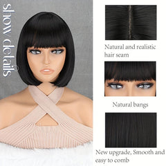 Short Bob Wig With Bangs Straight Synthetic Wig Party Daily dark Brown