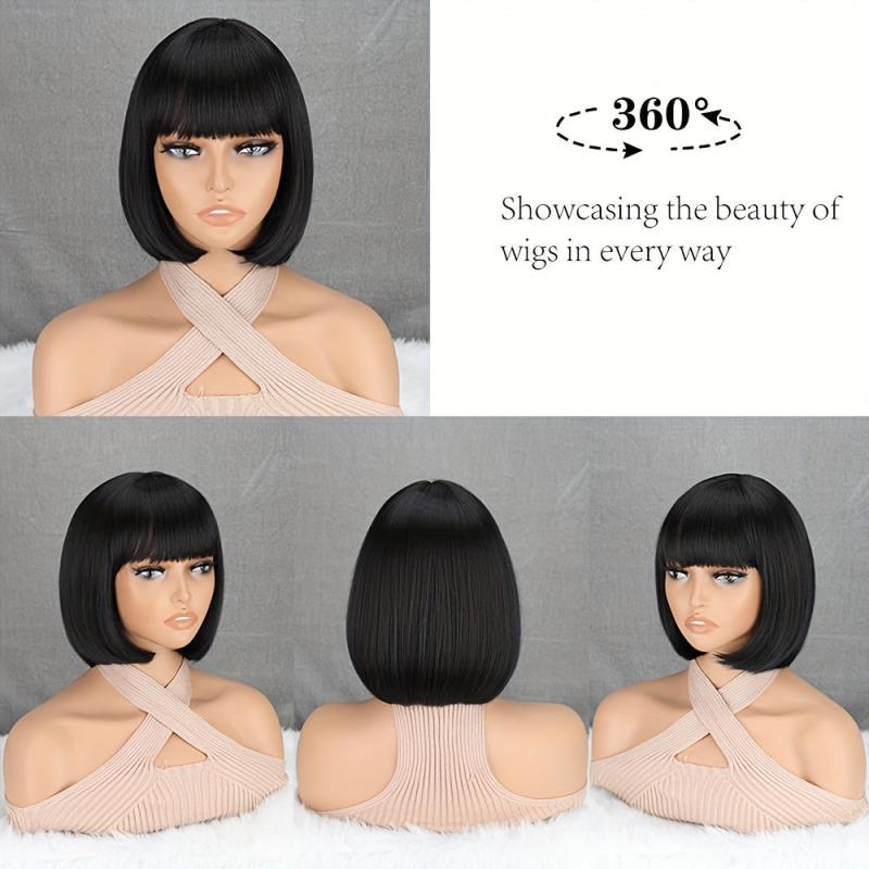 Short Bob Wig With Bangs Straight Synthetic Wig Party Daily dark Brown