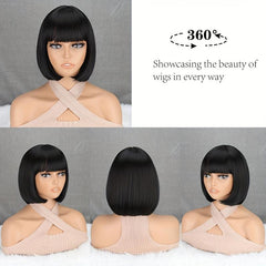 Short Bob Wig With Bangs Straight Synthetic Wig Party Daily dark Brown