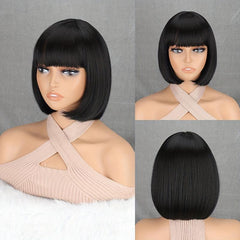Short Bob Wig With Bangs Straight Synthetic Wig Party Daily dark Brown