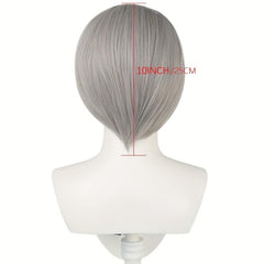 Short Grey Straight Synthetic Cosplay Wig For Men & Wig Cap 10 Inch