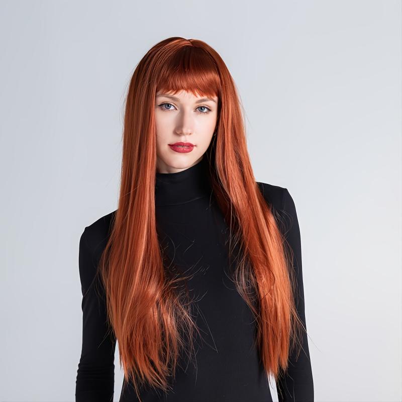 Long Straight Synthetic Wig Orange With Bangs