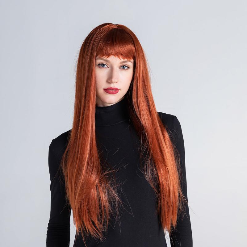 Long Straight Synthetic Wig Orange With Bangs
