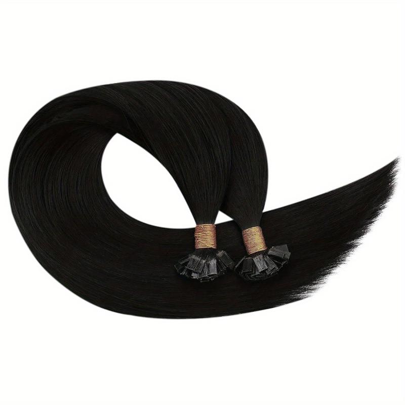 25 50pcs Flat Tip Human Hair Extensions Jet Long Straight Hair Natural Look