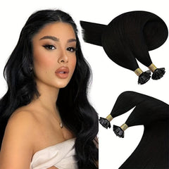25 50pcs Flat Tip Human Hair Extensions Jet Long Straight Hair Natural Look