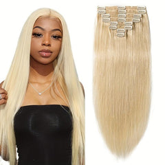 8pcs 613 Blonde Clip In Straight Human Hair Extensions Real Human Hair
