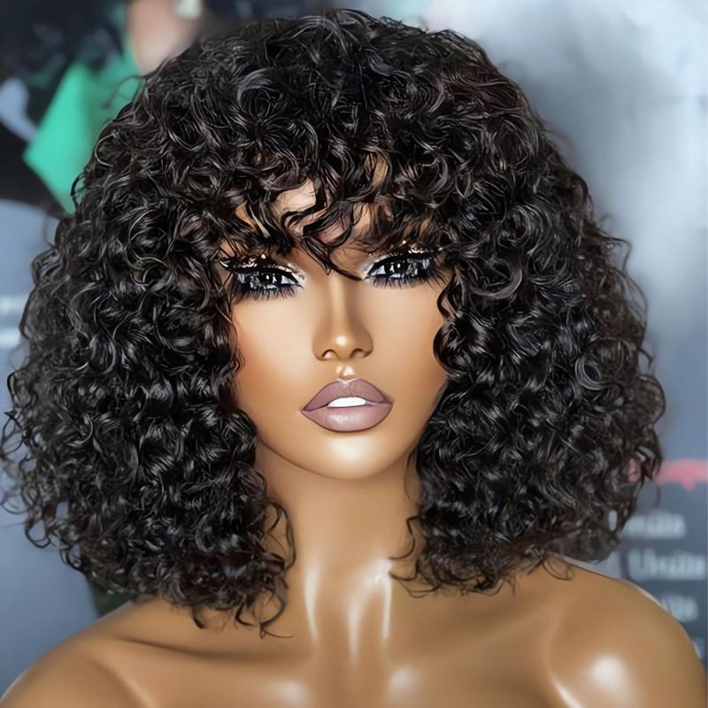 Curly Wave Cut Bob Human Hair Wigs With Bangs