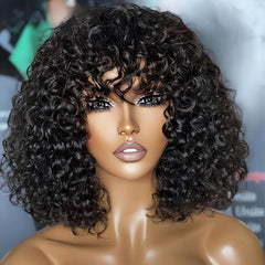 Curly Wave Cut Bob Human Hair Wigs With Bangs