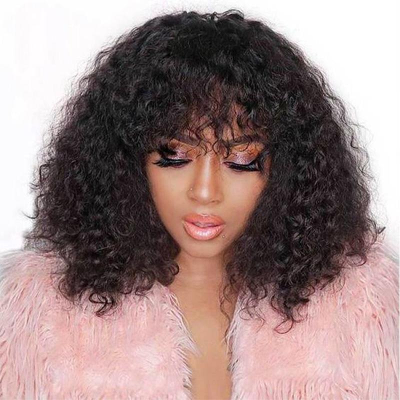 Curly Wave Cut Bob Human Hair Wigs With Bangs