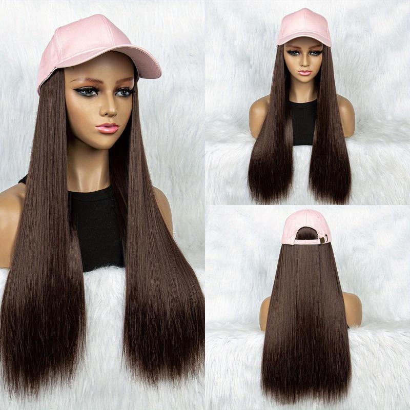 Long Synthetic Hair Wigs With Hats for Women - Pink Baseball Cap Wigs 55 88 Cm