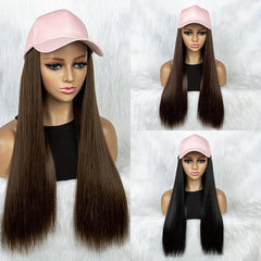 Long Synthetic Hair Wigs With Hats for Women - Pink Baseball Cap Wigs 55 88 Cm
