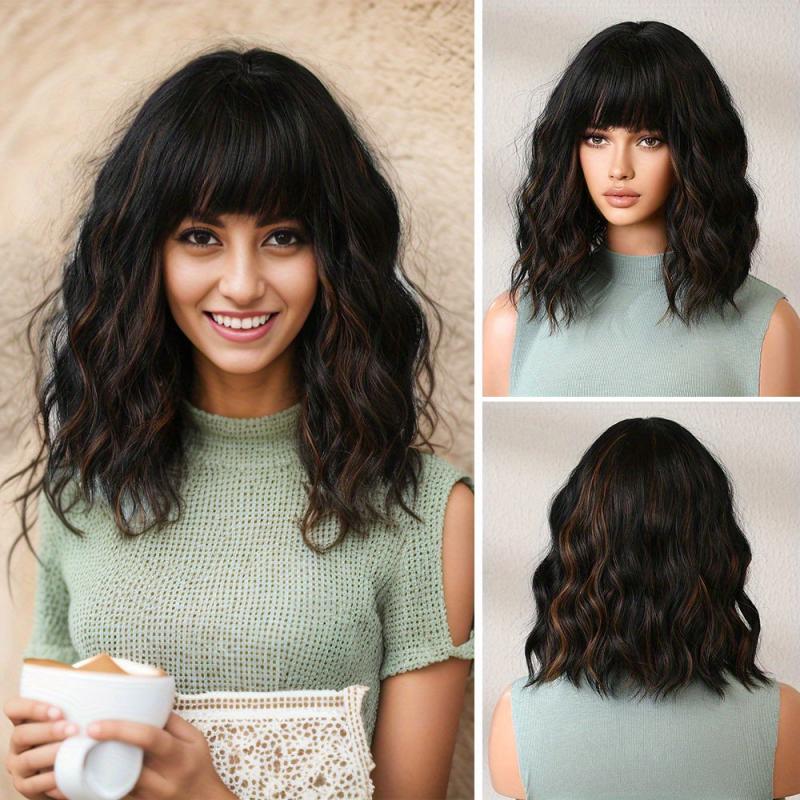 Short Brown Bob Curly Wig with Bangs