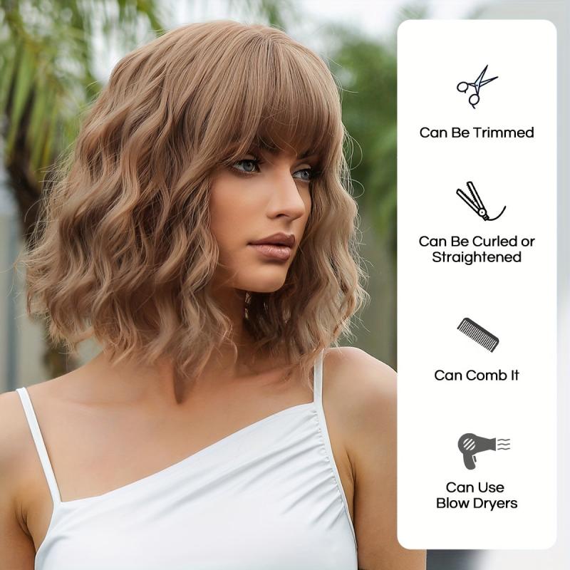 Short Brown Bob Curly Wig with Bangs