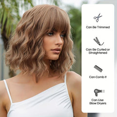 Short Brown Bob Curly Wig with Bangs