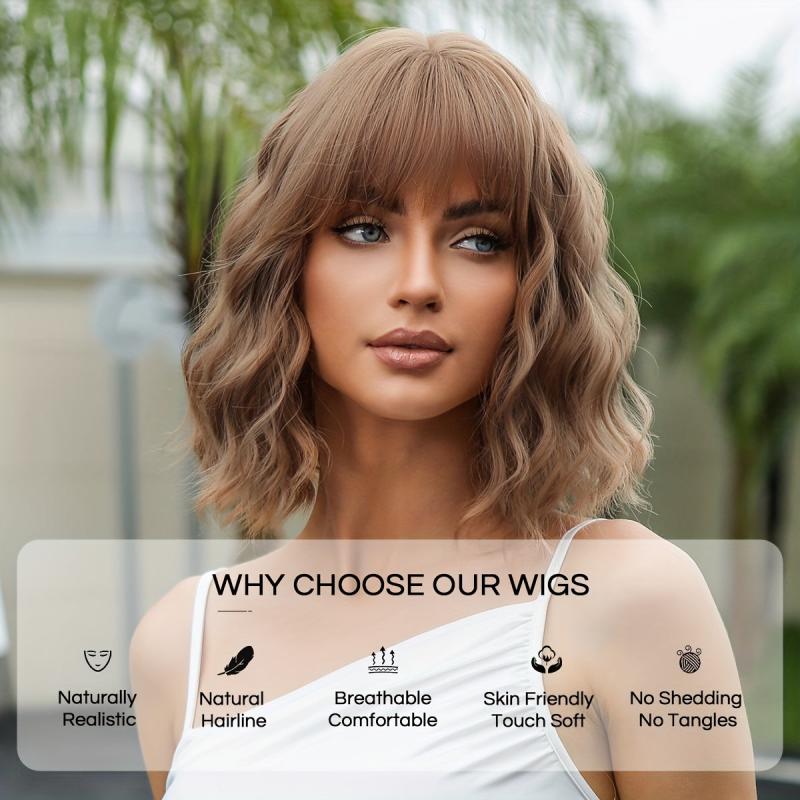 Short Brown Bob Curly Wig with Bangs