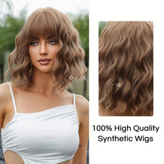 Short Brown Bob Curly Wig with Bangs