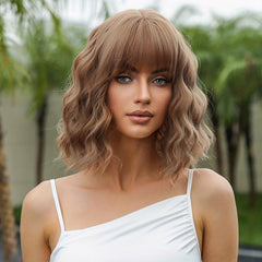 Short Brown Bob Curly Wig with Bangs