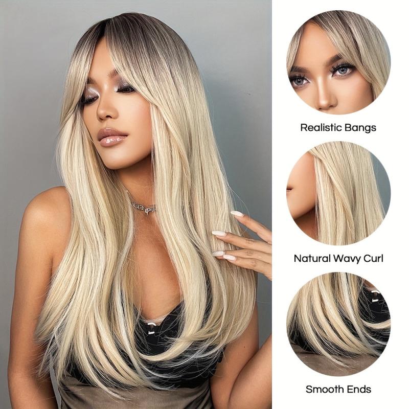 60 96 Cm Blonde Long Curly Wavy Hair Synthetic Wigs with Dark Roots