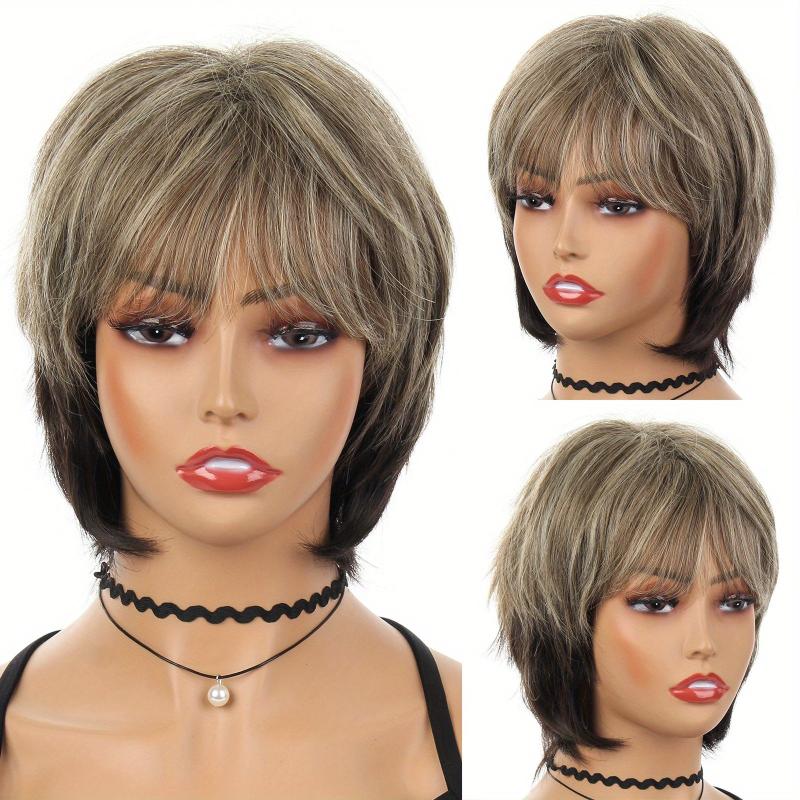 High Temp Synthetic Short Wig with Bangs Mixed Gray Hair Daily Use