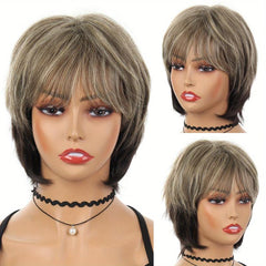 High Temp Synthetic Short Wig with Bangs Mixed Gray Hair Daily Use