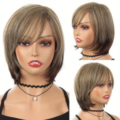 High Temp Synthetic Short Wig with Bangs Mixed Gray Hair Daily Use