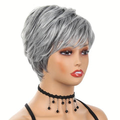 High Temp Synthetic Short Wig with Bangs Mixed Gray Hair Daily Use