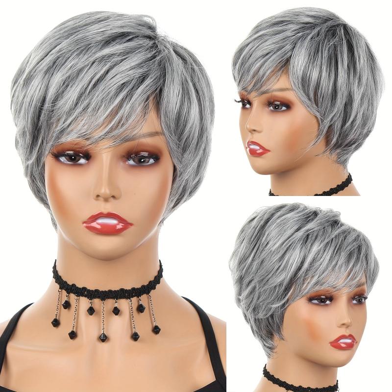 High Temp Synthetic Short Wig with Bangs Mixed Gray Hair Daily Use