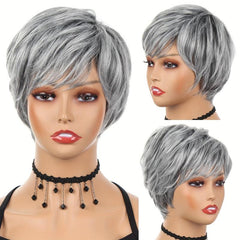 High Temp Synthetic Short Wig with Bangs Mixed Gray Hair Daily Use