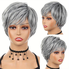 High Temp Synthetic Short Wig with Bangs Mixed Gray Hair Daily Use