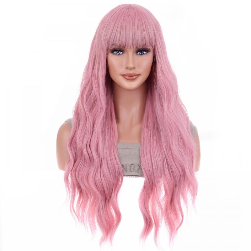 Long Curly Wavy Wig With Bangs Synthetic Wig Heat Resistant