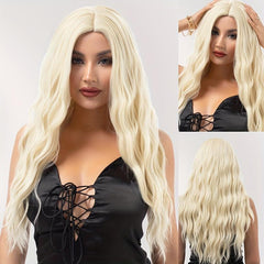 66 04 Cm Blonde Long Wave Wigs Middle Part Synthetic Heat Resistant Wig