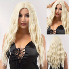 66 04 Cm Blonde Long Wave Wigs Middle Part Synthetic Heat Resistant Wig