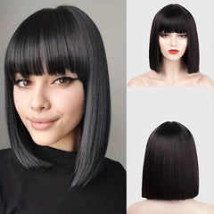 Colorful Straight Bob Cut Synthetic Wig Green Silver Grey 14inch