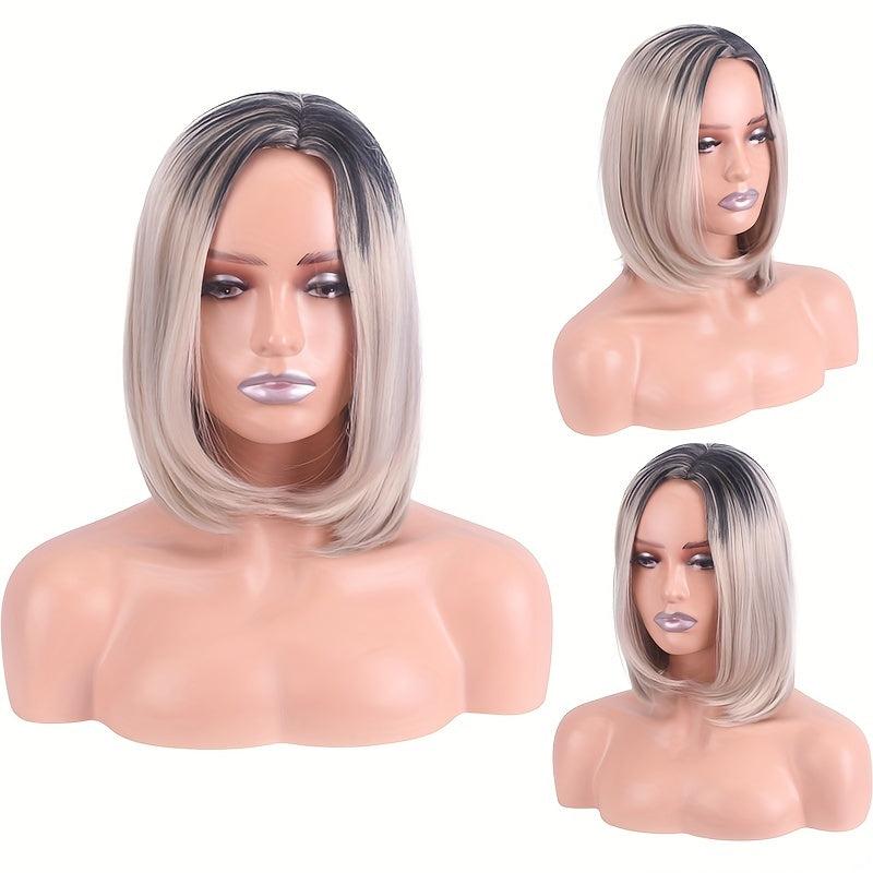 Ombre Platinum Short Bob Wigs Middle Part Straight Hair Wigs For Women