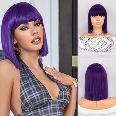 Purple Short Bob Straight Hair Wigs With Bangs 30 48 Cm