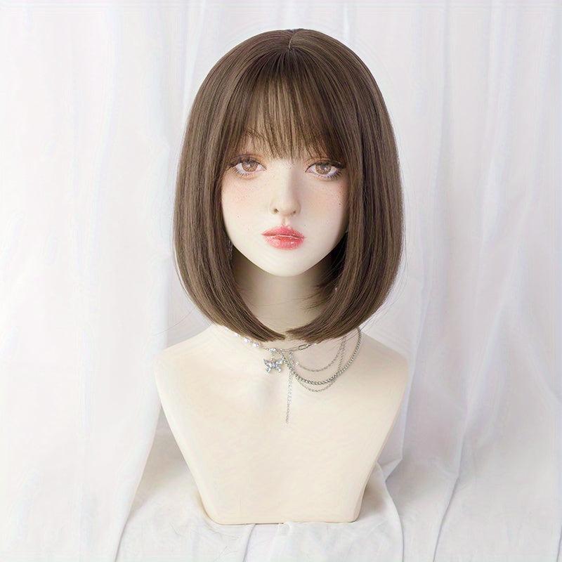 Short Bob Straight Hair Wigs With Bangs Synthetic Natural Look Hair Replacement