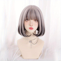 Short Bob Straight Hair Wigs With Bangs Synthetic Natural Look Hair Replacement