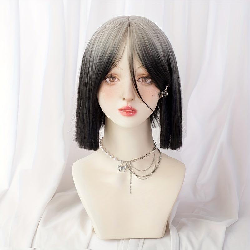 Short Bob Straight Hair Wigs With Bangs Synthetic Natural Look Hair Replacement