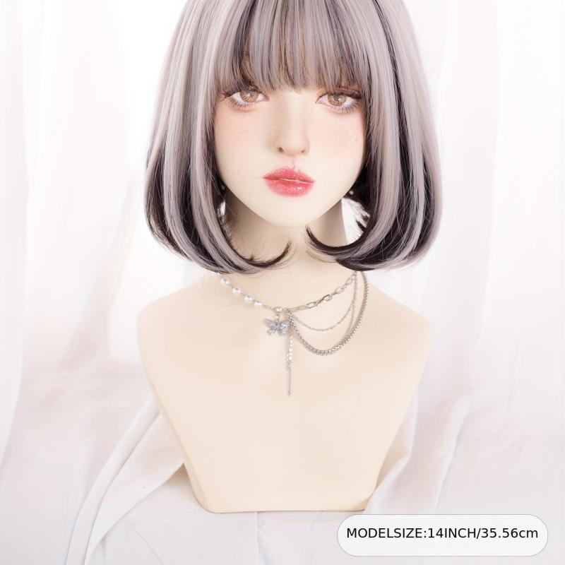 Short Bob Straight Hair Wigs With Bangs Synthetic Natural Look Hair Replacement