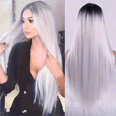 Long Straight Synthetic Wig With Dark Roots Daily Party Fashionable