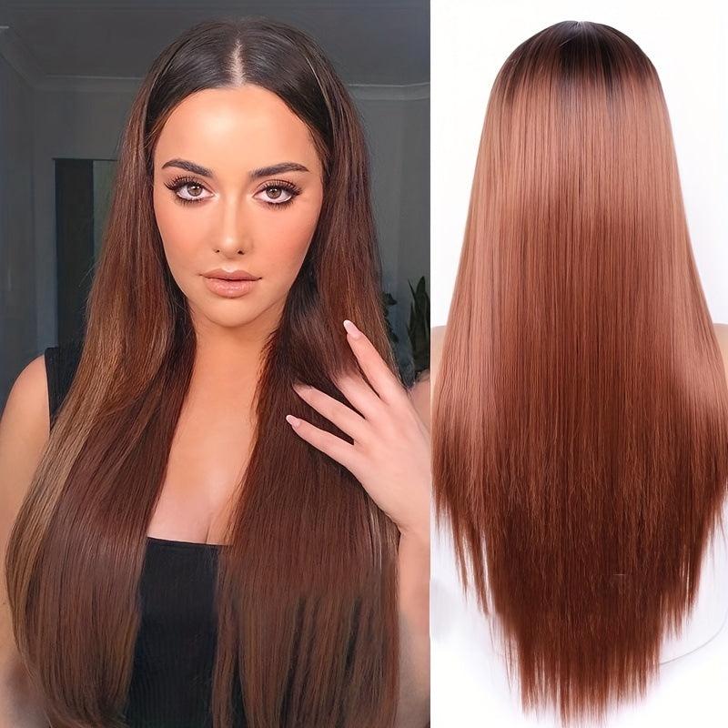 Long Straight Synthetic Wig With Dark Roots Daily Party Fashionable