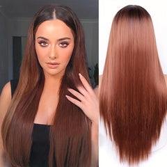 Long Straight Synthetic Wig With Dark Roots Daily Party Fashionable