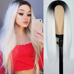 Long Straight Synthetic Wig With Dark Roots Daily Party Fashionable
